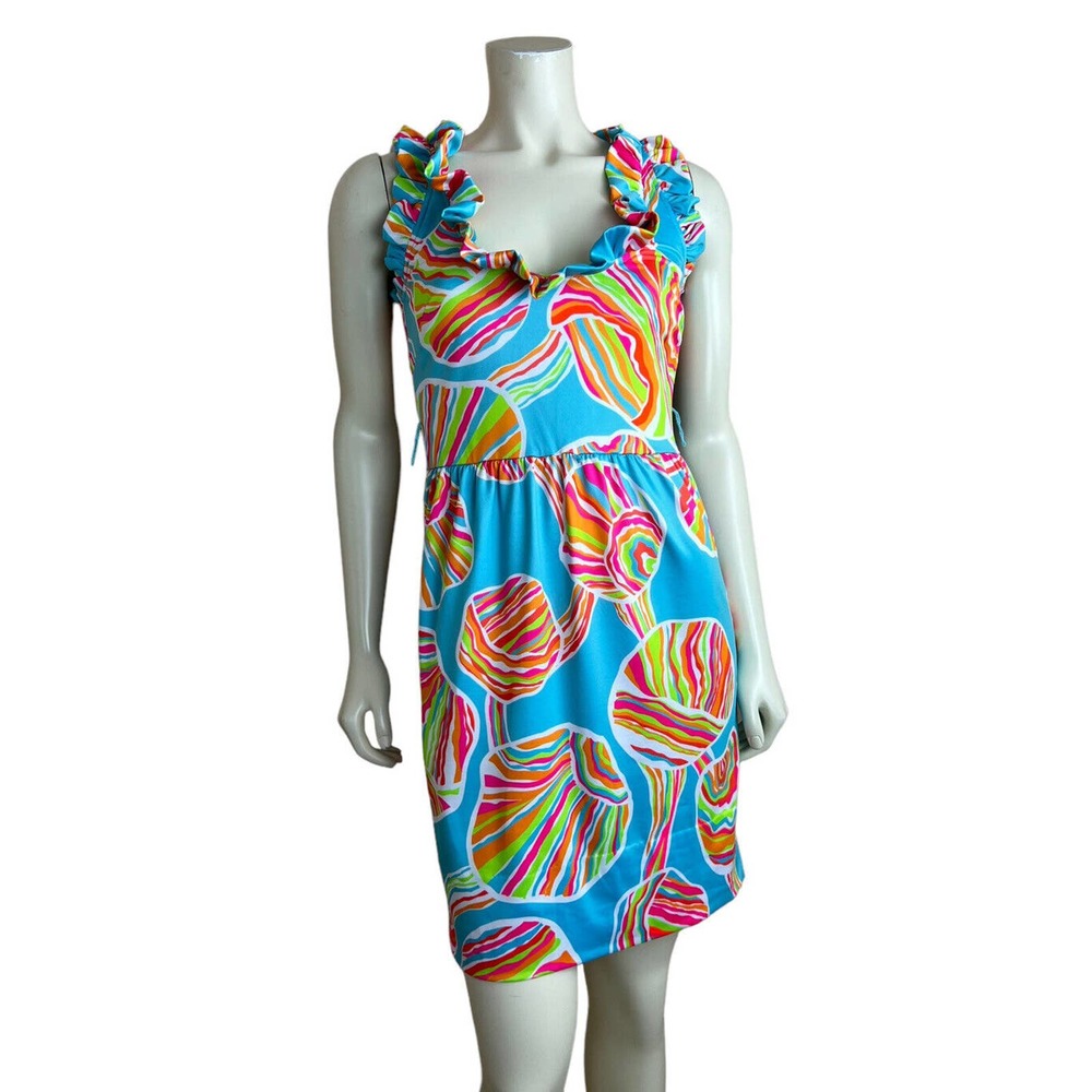 Gretchen Scott Ruffle Neck Dress XS Sleeveless Girlie Girl Colorful Print Pocket